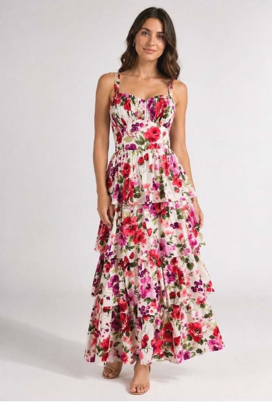 Abercrombie Fitch Floral Tiered Maxi Dress Sz M strawberry Pink Guest Tea Garden